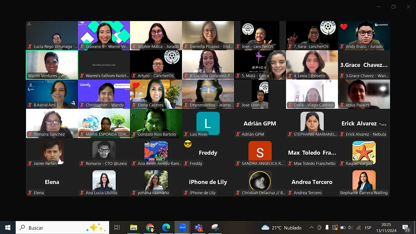 Pantalla completa de participantes conectados en el Demo Day virtual